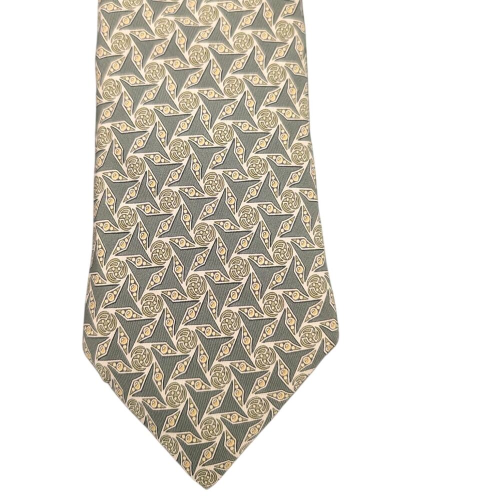 Vintage Hermès 100% Silk Men's Green Tie With Tan Geometric Designs